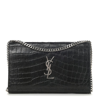 Saint Laurent Calfskin Crocodile Embossed Monogram Chain Wallet Black 1 of 14