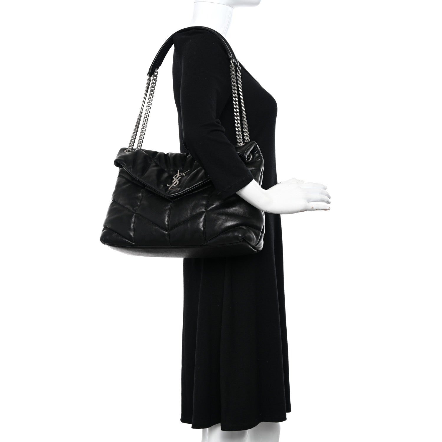 Saint Laurent Lambskin Quilted Medium Loulou Puffer Monogram Chain Satchel Black 2 of 11