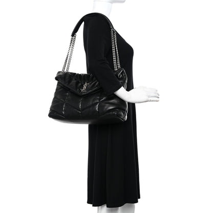 Saint Laurent Lambskin Quilted Medium Loulou Puffer Monogram Chain Satchel Black 2 of 11