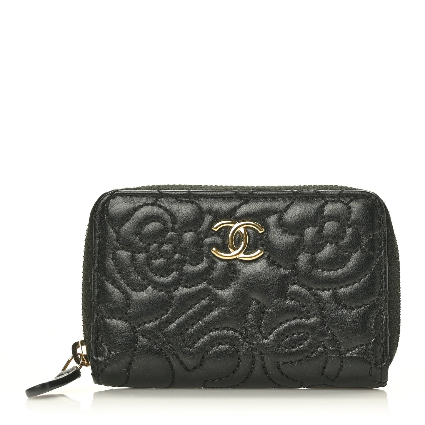 Lambskin Camellia Embossed Zip Coin Purse Black