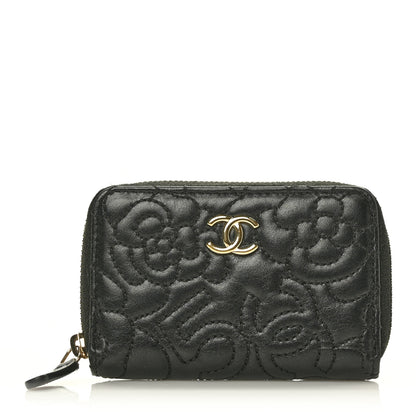 Chanel Lambskin Camellia Embossed Zip Coin Purse Black 1 of 7