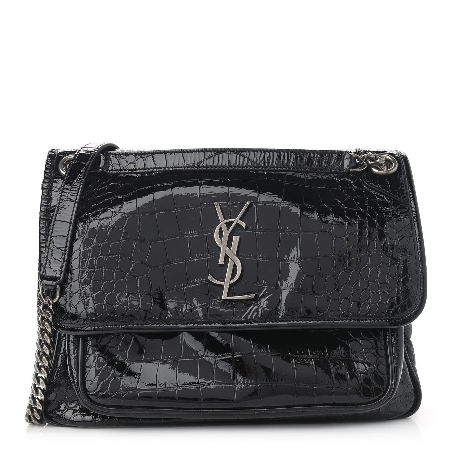 Patent Crocodile Embossed Lambskin Monogram Medium Niki Chain Satchel Black