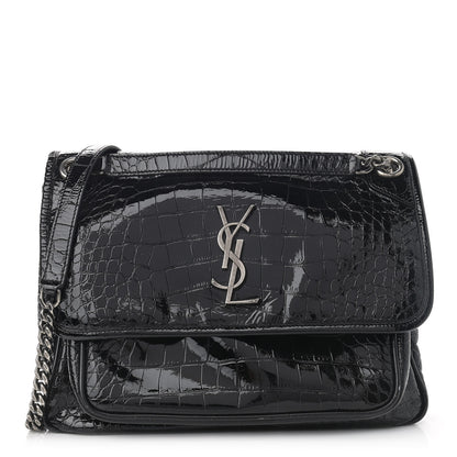 Saint Laurent Patent Crocodile Embossed Lambskin Monogram Medium Niki Chain Satchel Black 1 of 16