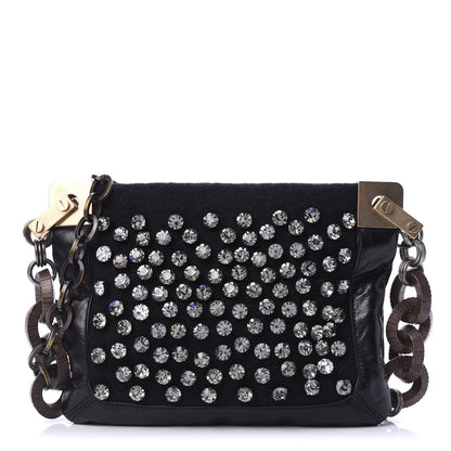 Lanvin Glazed Calfskin Felt Crystal Embellished Ketu Sac Chain Shoulder Bag Black 1 of 9