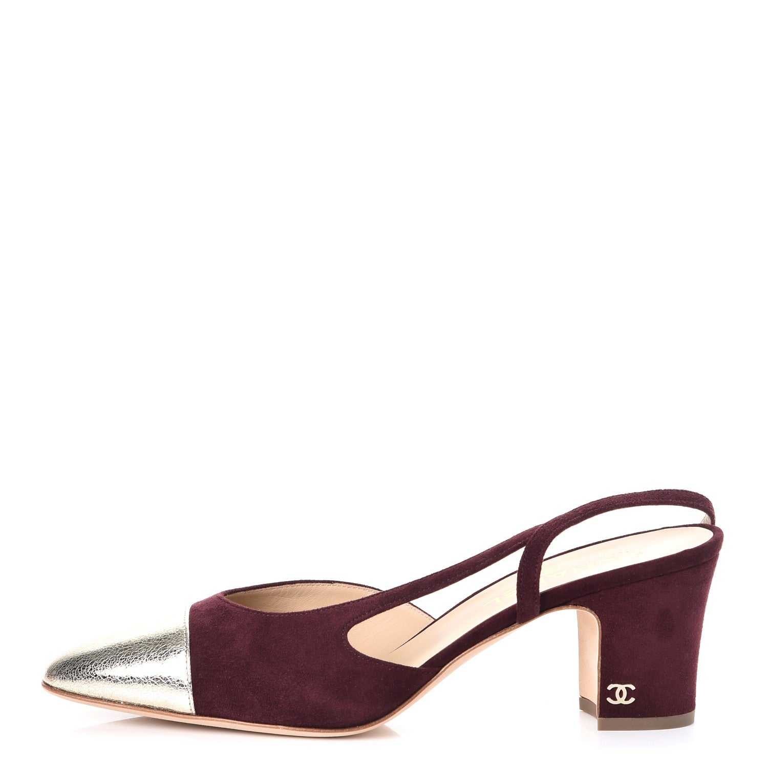 Chanel Kid Suede Metallic Lambskin Cap Toe CC Slingback Sandals 41 Burgundy Gold 1 of 9