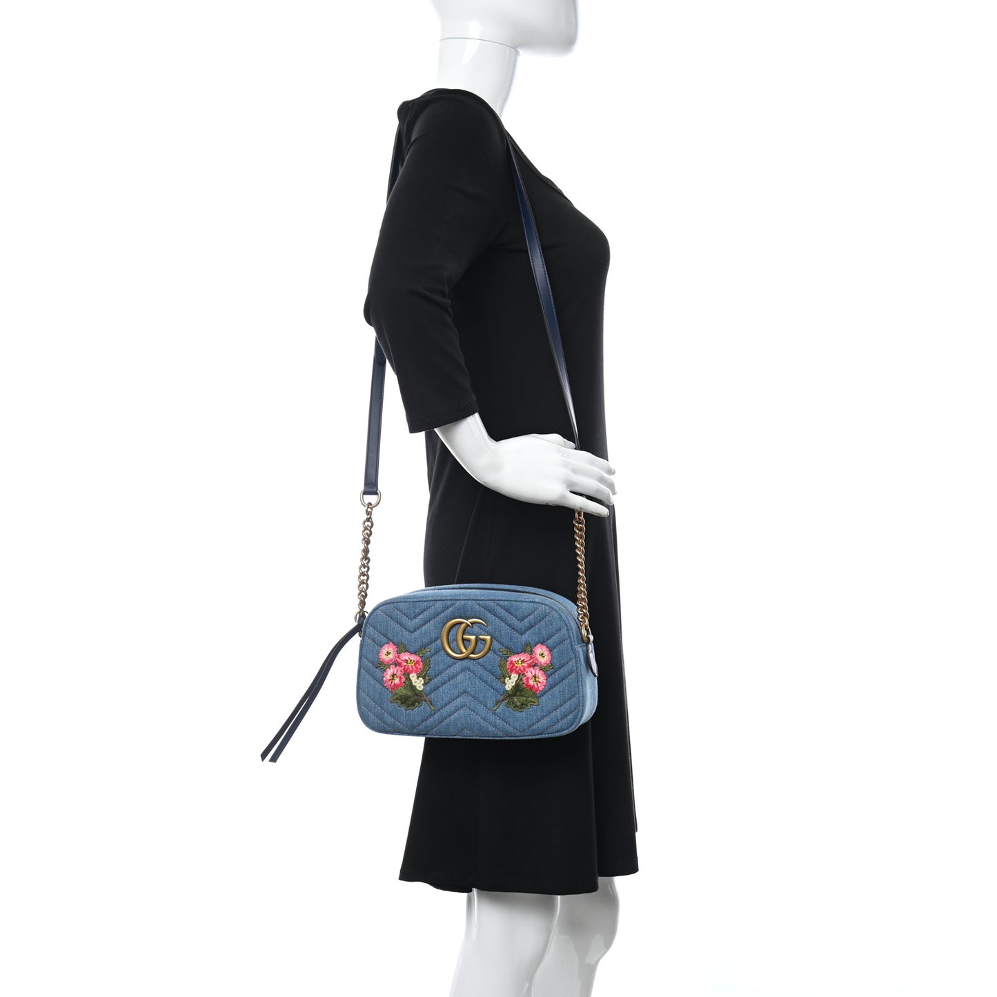 Denim Matelasse Embroidered Small GG Marmont Chain Shoulder Bag Blue