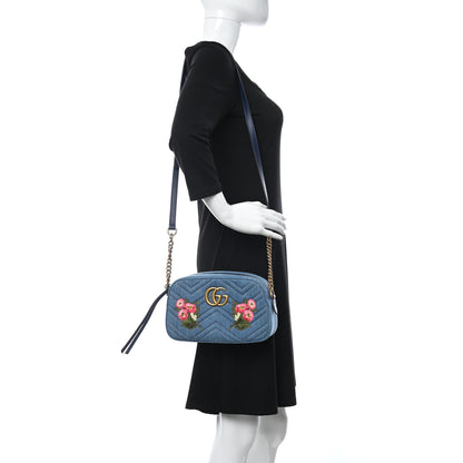 Gucci Denim Matelasse Embroidered Small GG Marmont Chain Shoulder Bag Blue 2 of 10