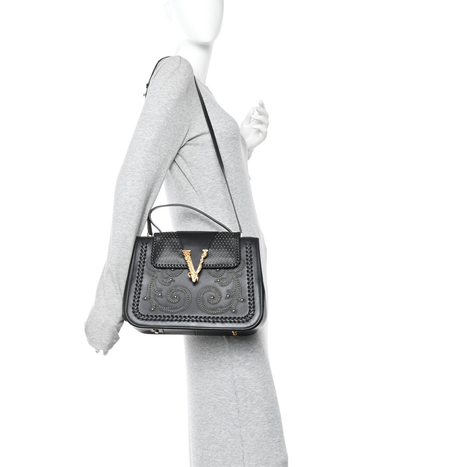 Versace Vitello Western Studded Virtus Top Handle Shoulder Bag Black 2 of 9