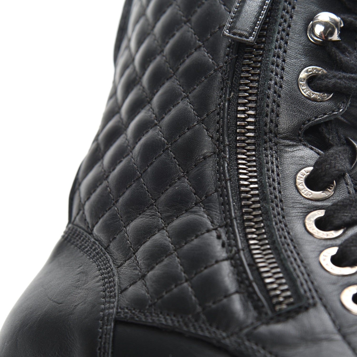 Chanel Calfskin Quilted Lace Up Combat Boots 37 Black 10 of 26