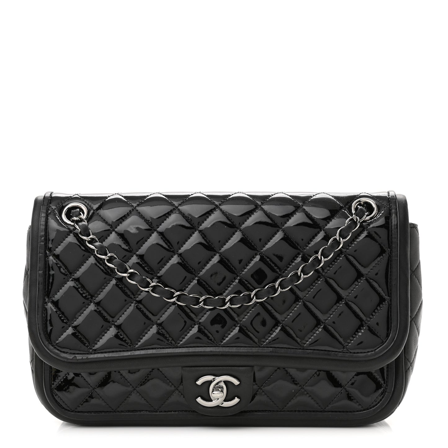 Patent Quilted Jumbo Classic Twist Flap Bag Black