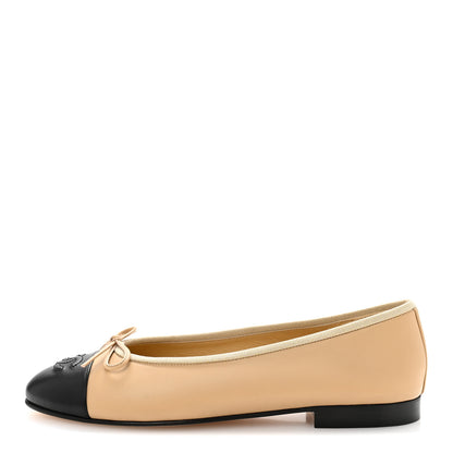 Chanel Lambskin Cap Toe CC Ballerina Flats 38 Beige Black 1 of 10