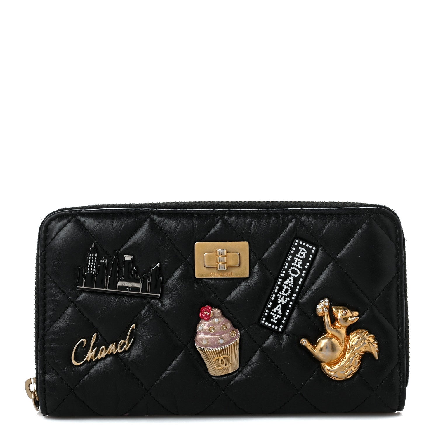 Chanel Aged Calfskin Quilted Small New York Charms 2.55 Reissue Zip Around Wallet Black 1 of 10