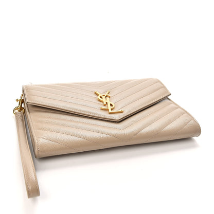 Saint Laurent Grain De Poudre Matelasse Chevron Monogram Envelope Clutch Dark Beige 4 of 10