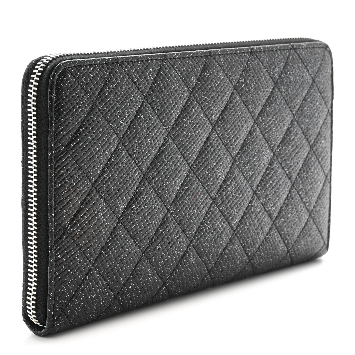 Glittered Calfskin Quilted Large Zip Around Organizer Wallet Black