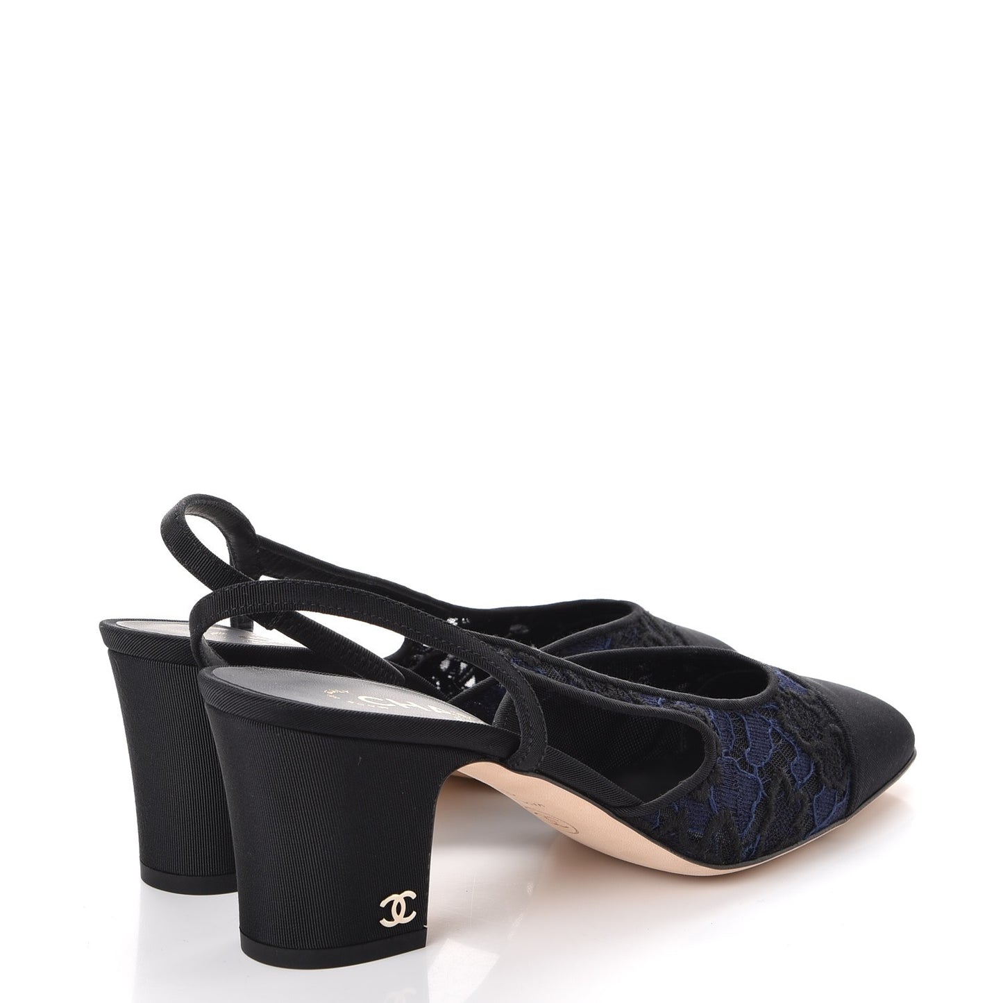 Lace Grosgrain Cap Toe CC Slingback Pumps 37.5 Navy Black