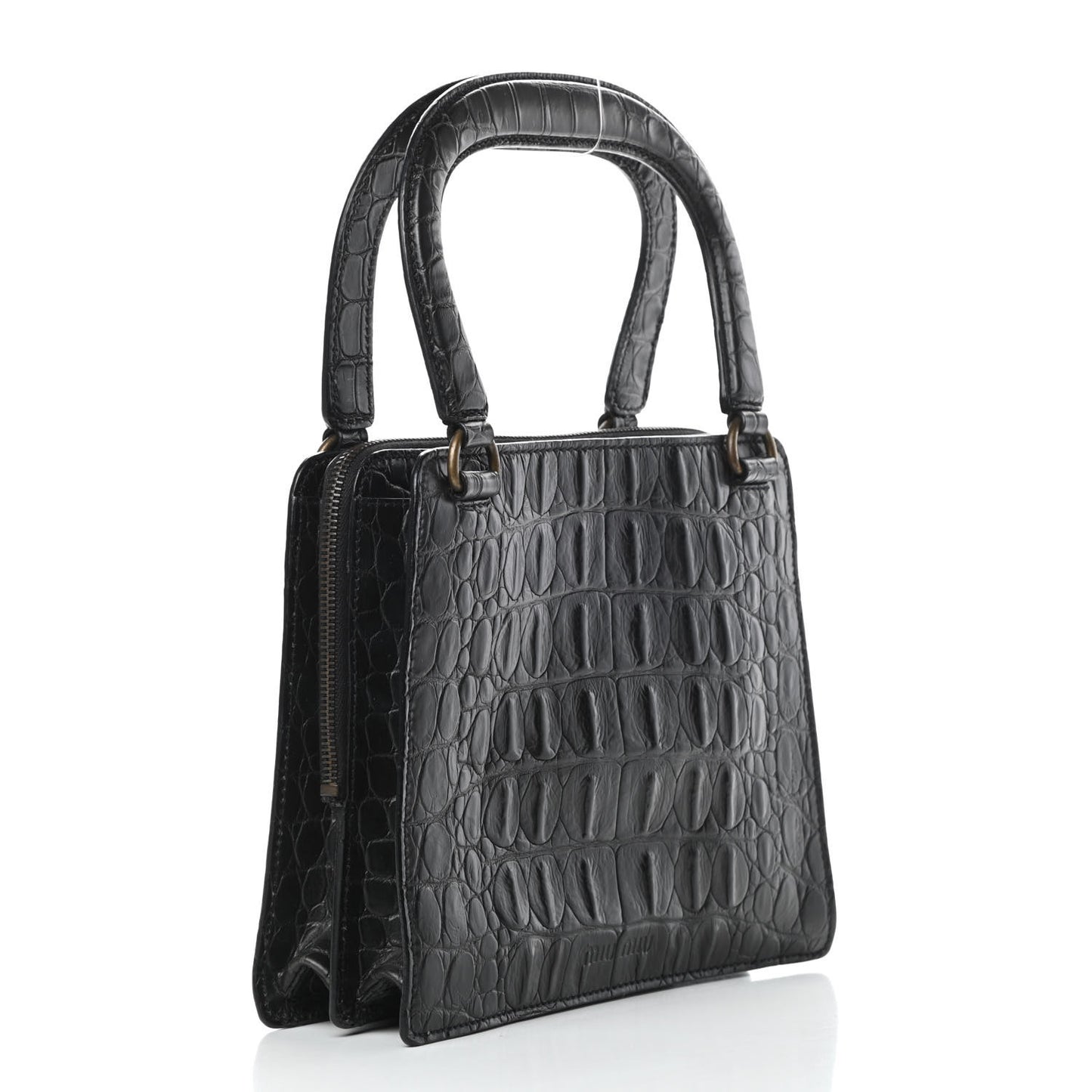 Calfskin Crocodile Embossed Top Handle Tote Black