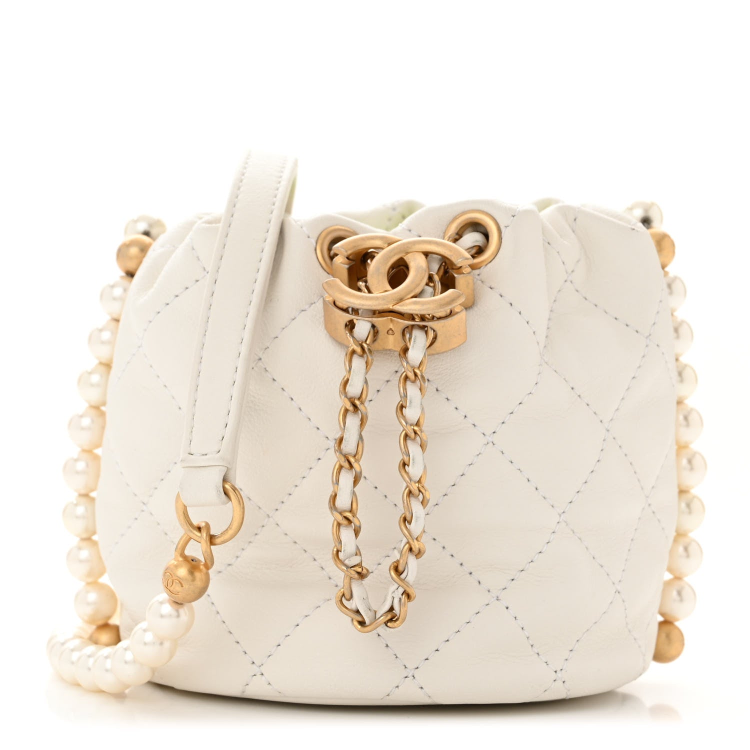 Chanel Calfskin Quilted Pearl Mini About Pearls Drawstring Bucket Bag White 1 of 10
