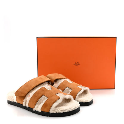 Hermes Suede Goatskin Woolskin Womens Chypre Sandals 36 Brun Fume Ecru 9 of 9