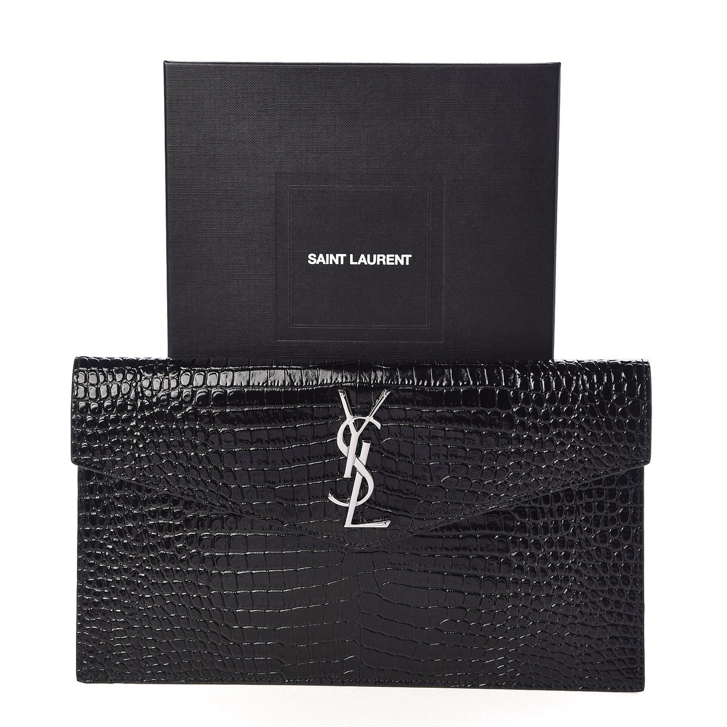 Calfskin Crocodile Embossed Uptown Monogram Clutch Black