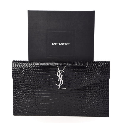 Saint Laurent Calfskin Crocodile Embossed Uptown Monogram Clutch Black 7 of 7