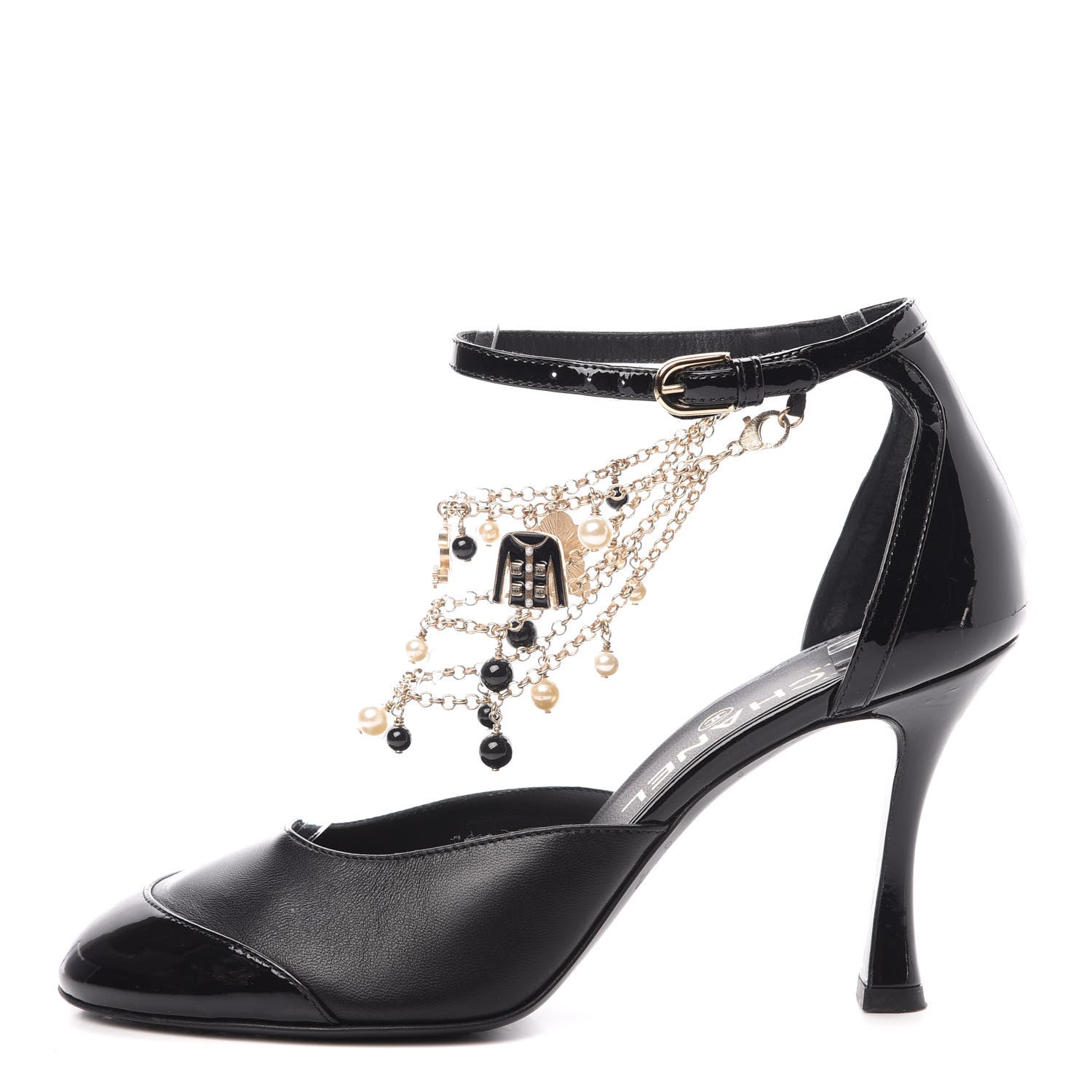 Chanel Patent Cap Toe Chain Ankle Strap Pumps 37.5 Black 1 of 10