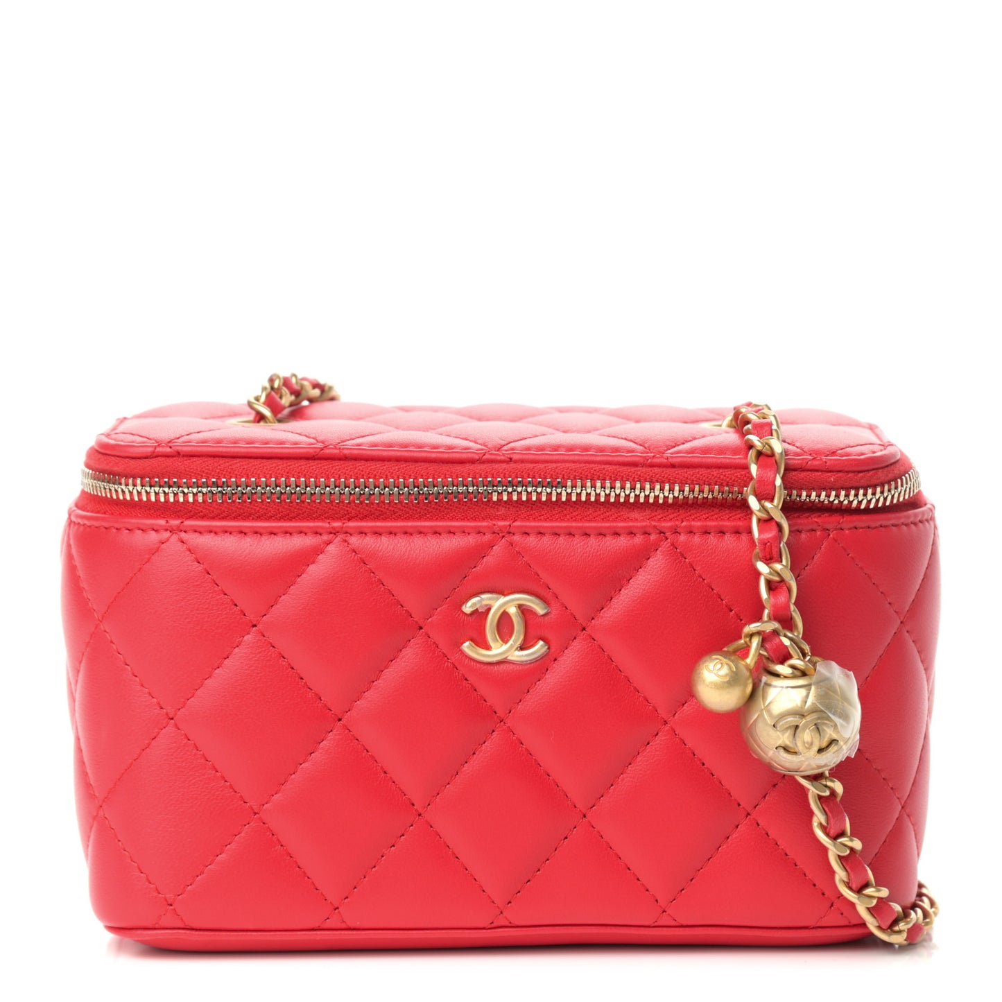 Lambskin Quilted Pearl Crush Small Vanity Case With Chain Red