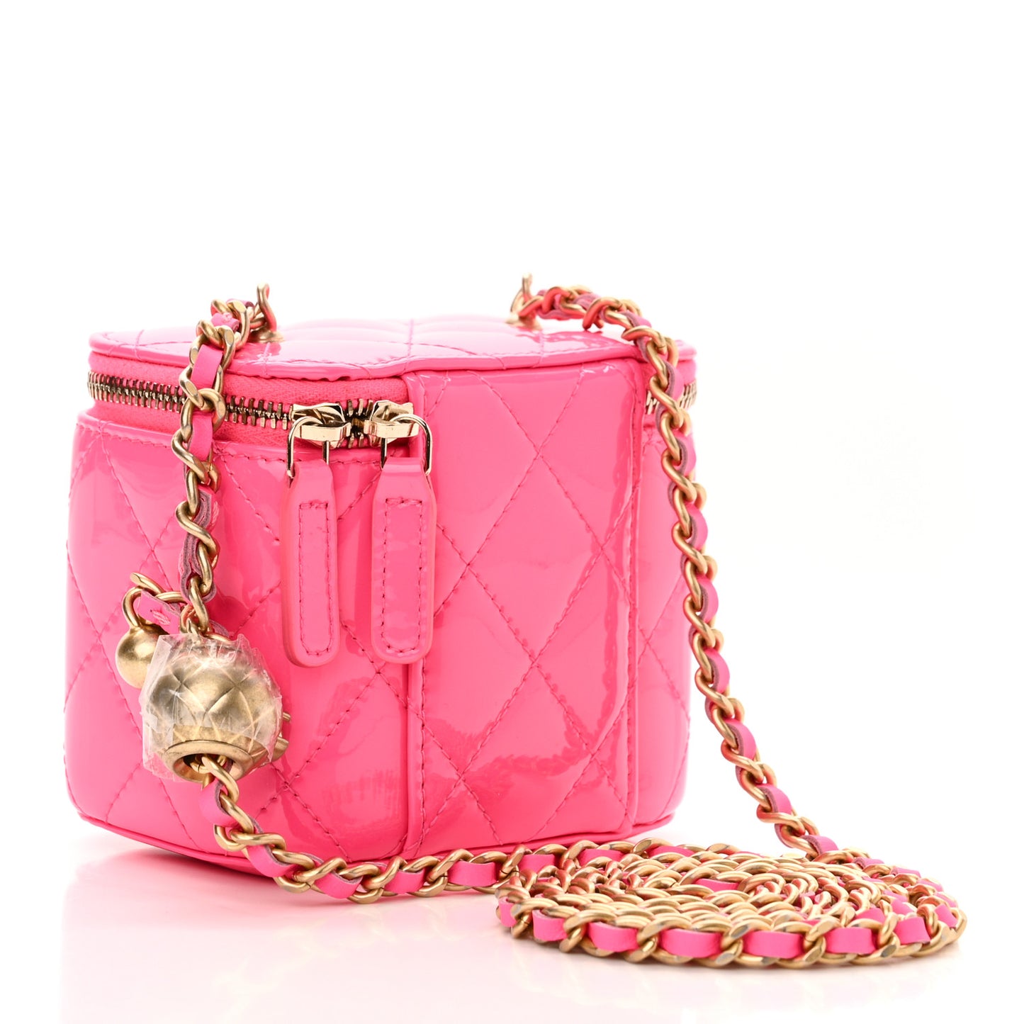 Patent Quilted Pearl Crush Mini Vanity Case With Chain Neon Pink