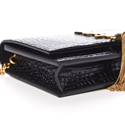 Saint Laurent Calfskin Crocodile Embossed Kate Monogram Tassel Chain Wallet Black 10 of 11