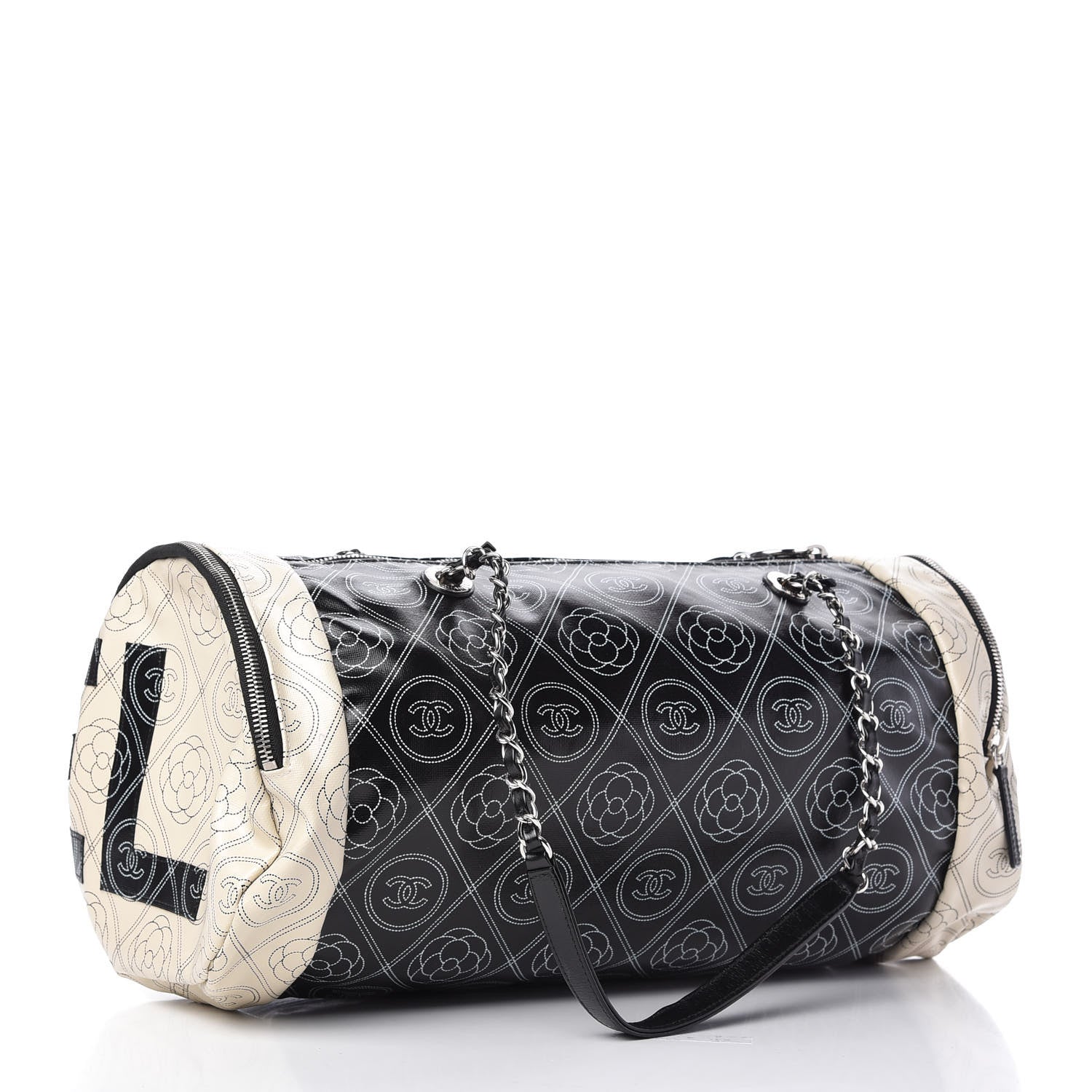 Chanel Coated Canvas Camellia Printed Calfskin Bowling Bag Black Beige 3 of 11