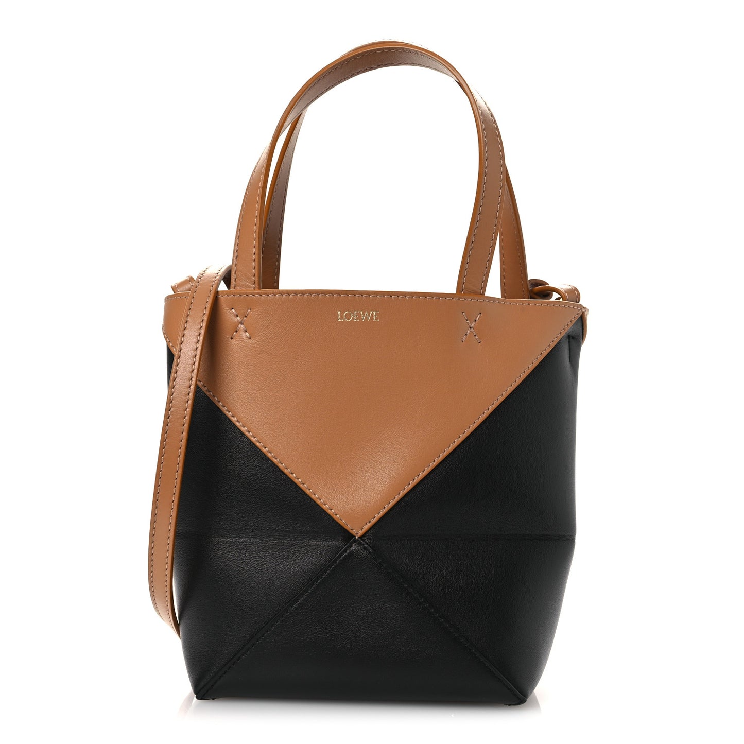 Shiny Calfskin Mini Puzzle Fold Tote Warm Desert Black