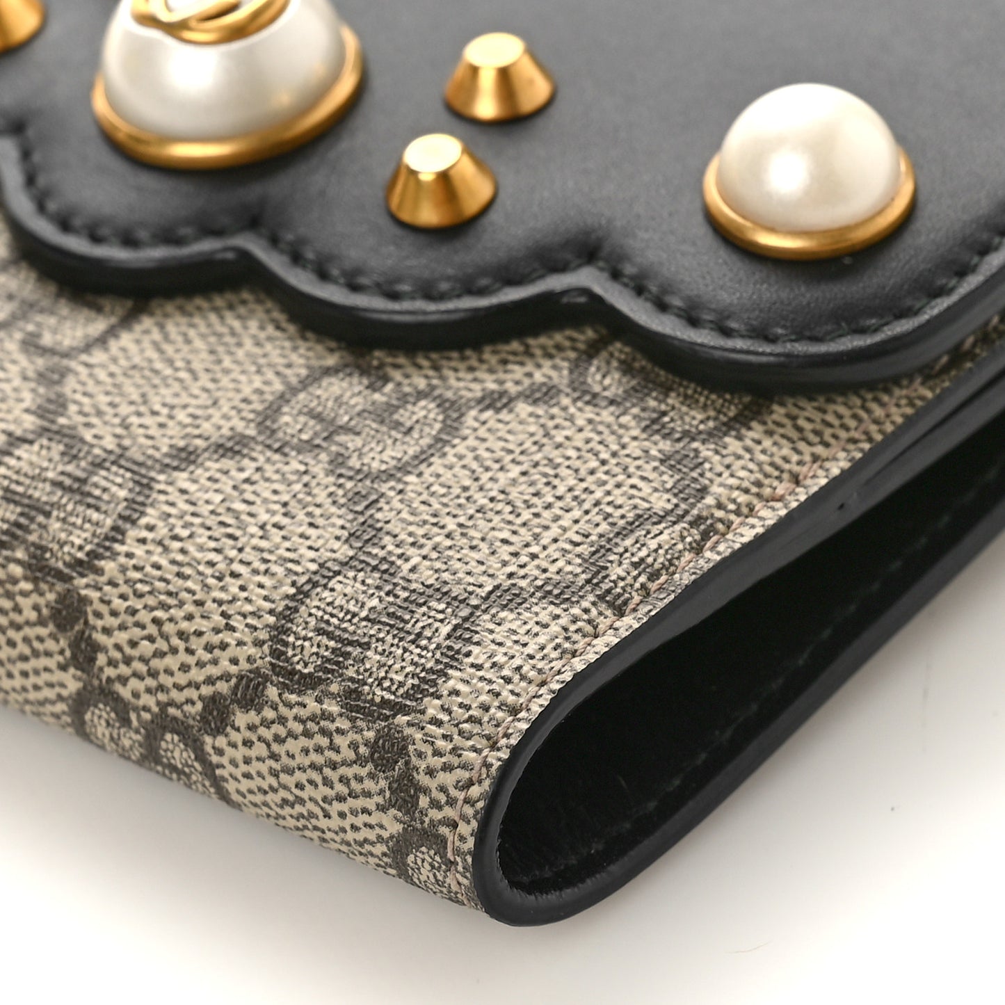 GG Supreme Monogram Pearl Studded French Wallet Black