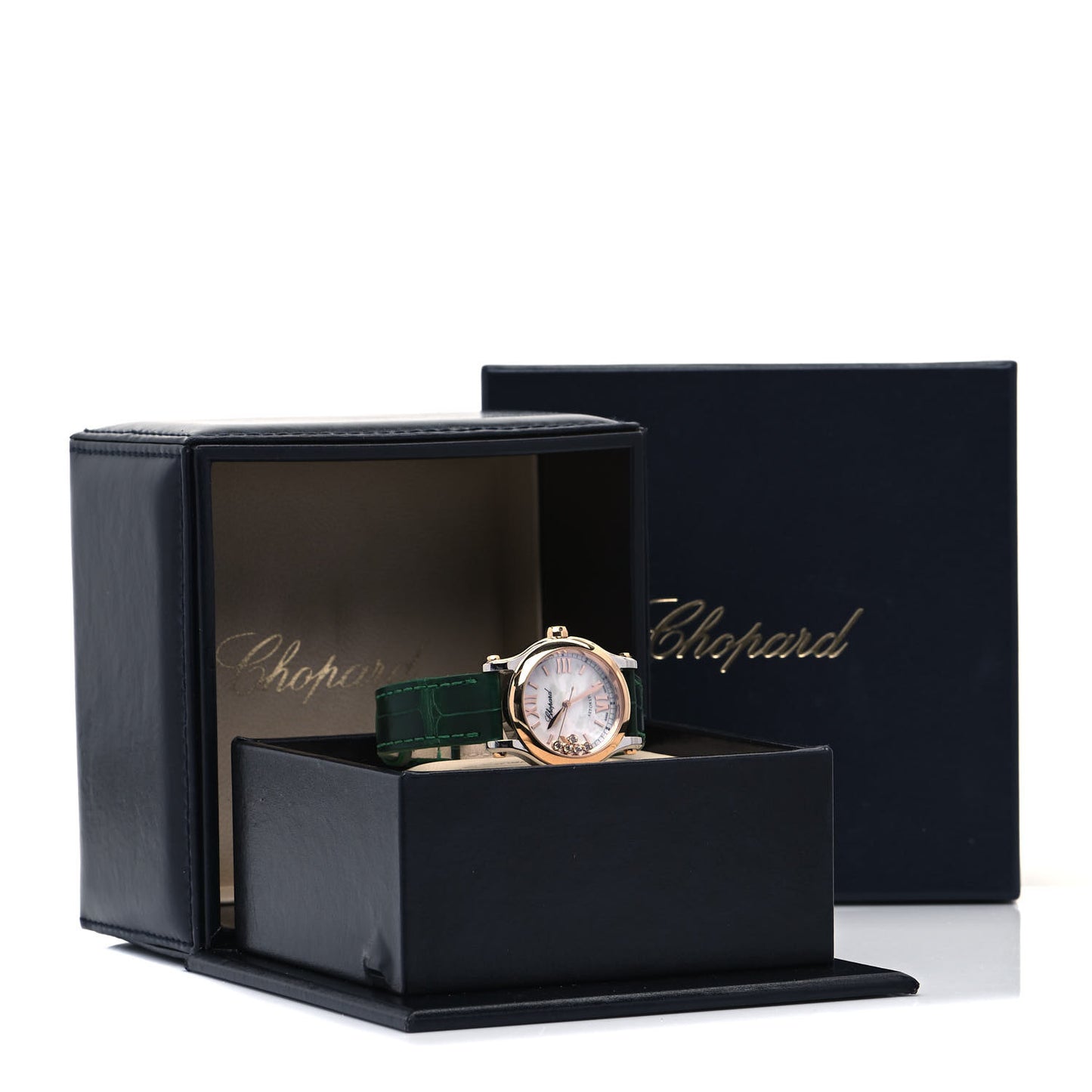 Stainless Steel 18K Rose Gold Alligator 5 Diamond Mother of Pearl 30mm Happy Sport Automatic Watch Green