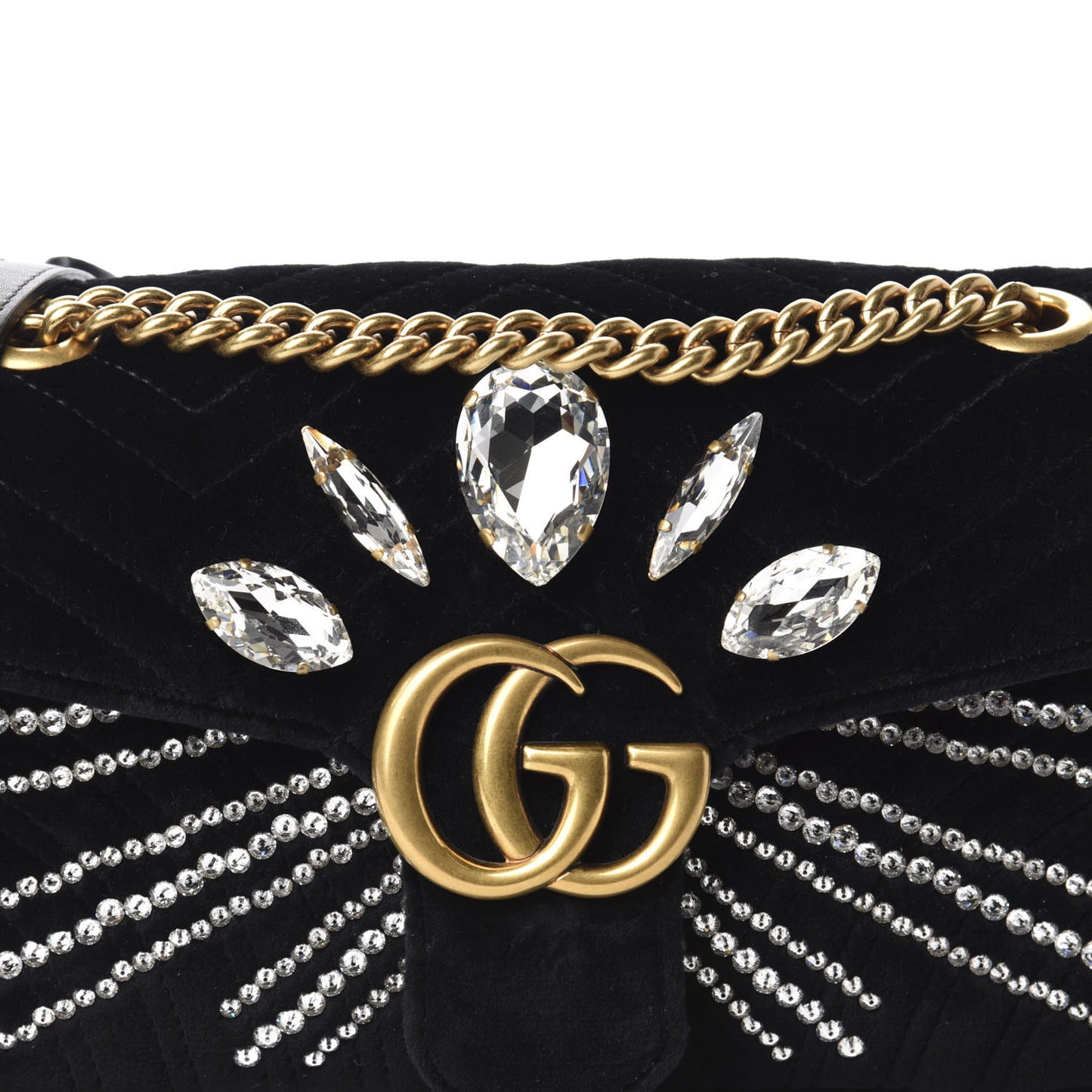 Velvet Matelasse Marquise Crystals Embroidered Small GG Marmont Shoulder Bag Black
