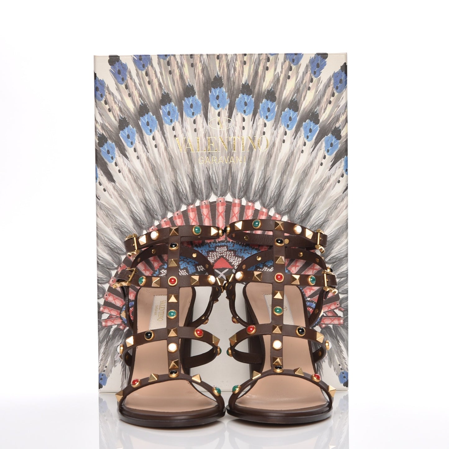Calfskin Rockstud Rolling Cabochon 90mm City Sandals 38 Cacao
