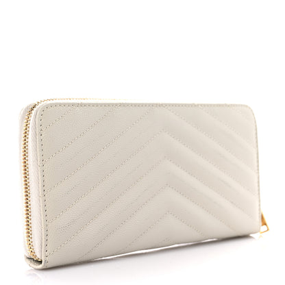 Saint Laurent Grain De Poudre Matelasse Chevron Monogram Zip Around Wallet Blanc Vintage 3 of 12