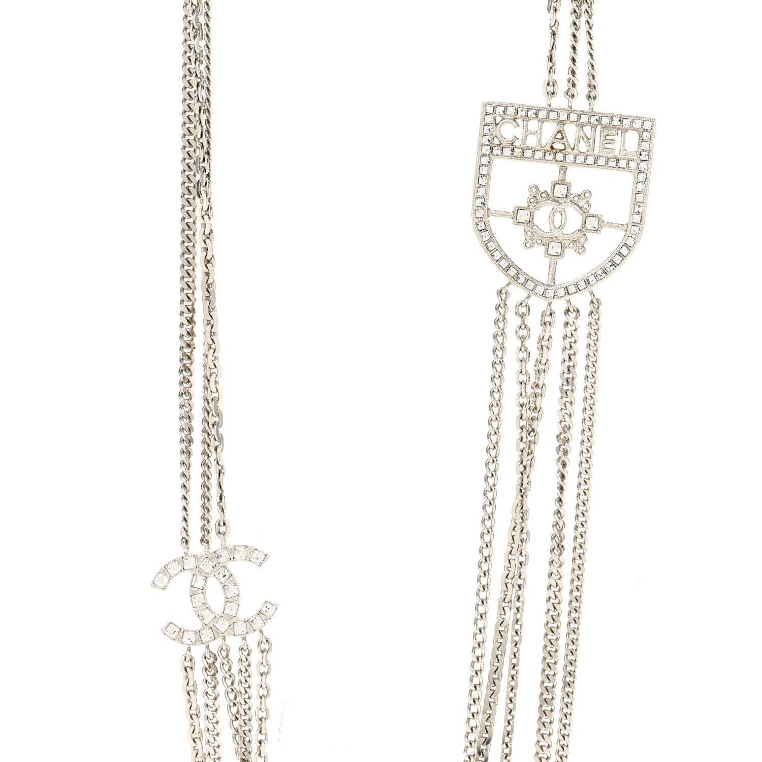 Chanel Baguette Crystal CC Shield Multi Strand Long Chain Necklace Silver 4 of 6