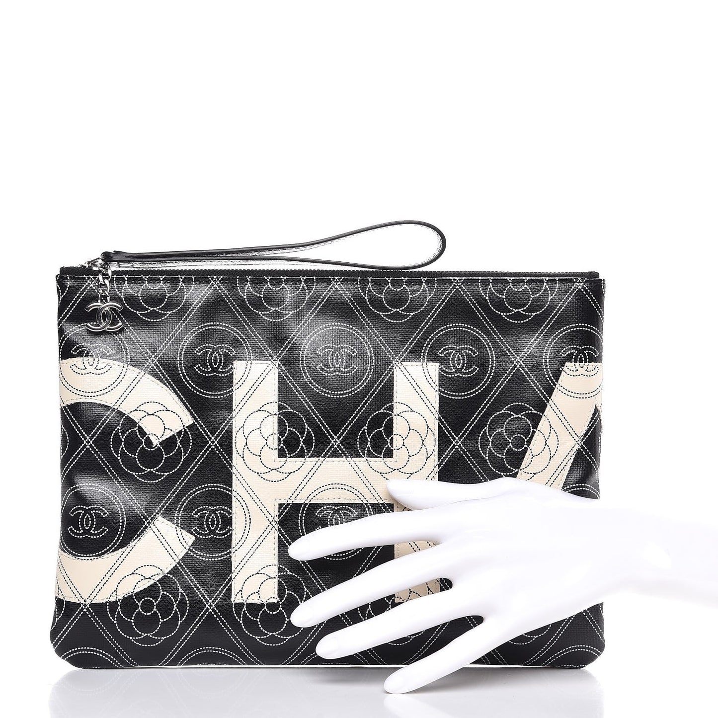 Coated Canvas Camellia Printed Pouch Black Beige