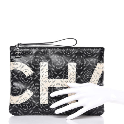 Chanel Coated Canvas Camellia Printed Pouch Black Beige 2 of 8