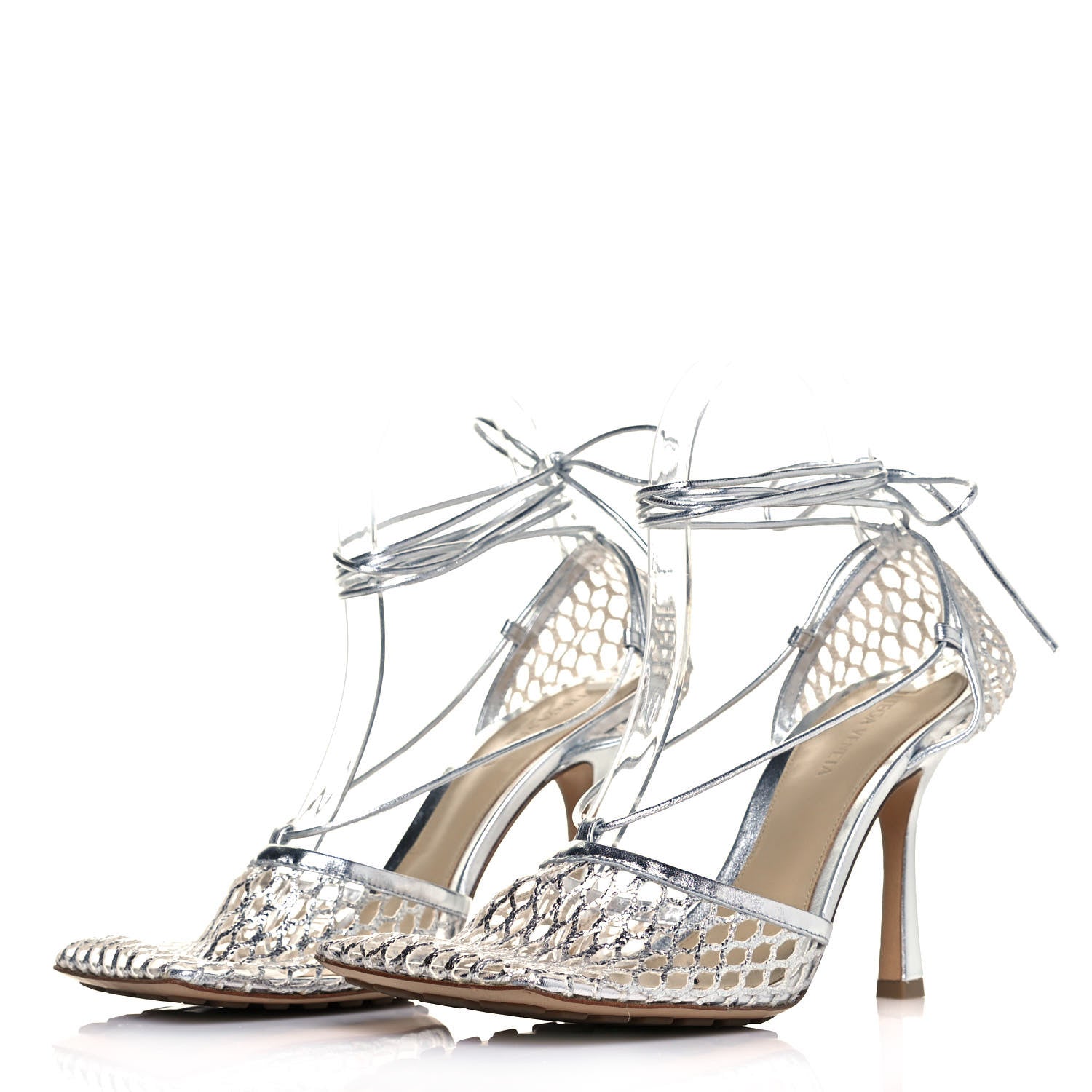Bottega Veneta Mesh Metallic Nappa Stretch Ankle Tie Sandals 39 Silver 3 of 8