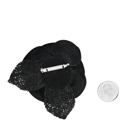 Chanel Tweed Fabric Camellia Pin Brooch Black 2 of 3