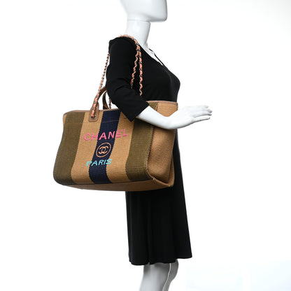 Chanel Straw Raffia Calfskin Striped Medium Deauville Tote Khaki Beige Navy Blue 3 of 9