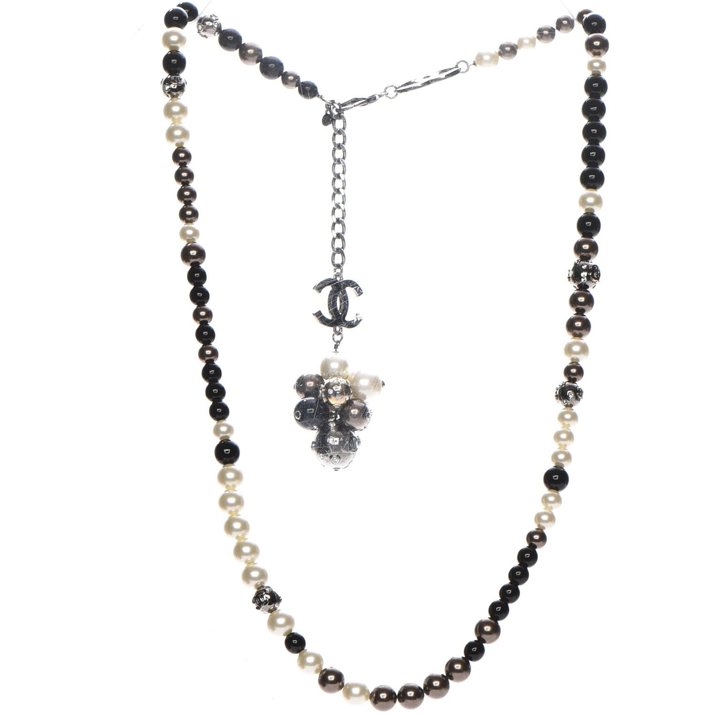 Ruthenium Pearl Beaded Crystal CC Long Necklace Silver Multicolor