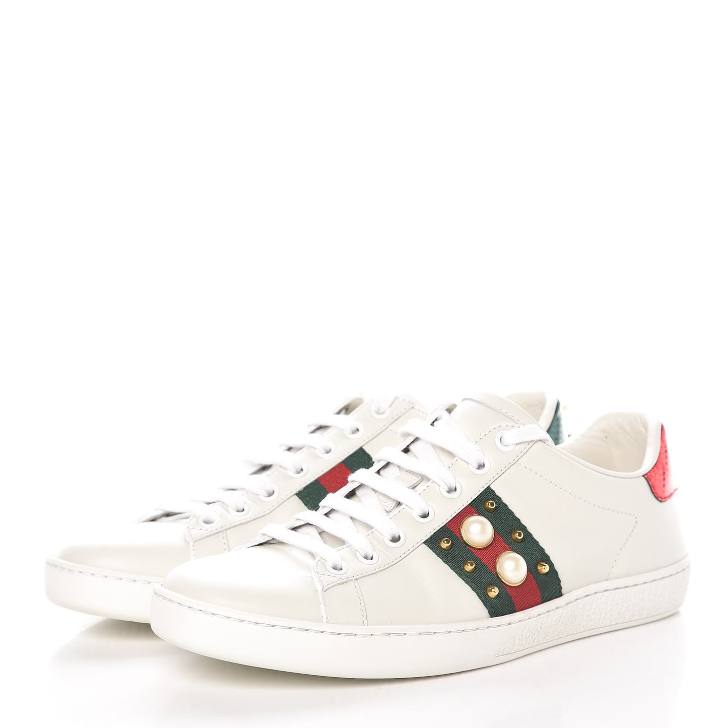 Calfskin Web Pearl Studded Ace Sneakers 38 White