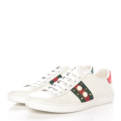 Gucci Calfskin Web Pearl Studded Ace Sneakers 38 White 3 of 12