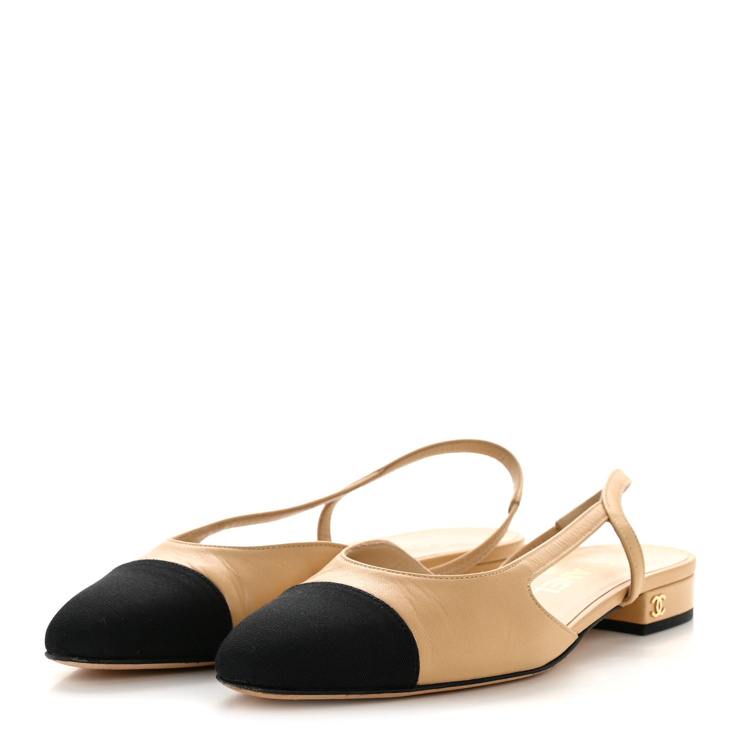 Goatskin Grosgrain Cap Toe CC Slingback Sandals 36.5 Beige Black