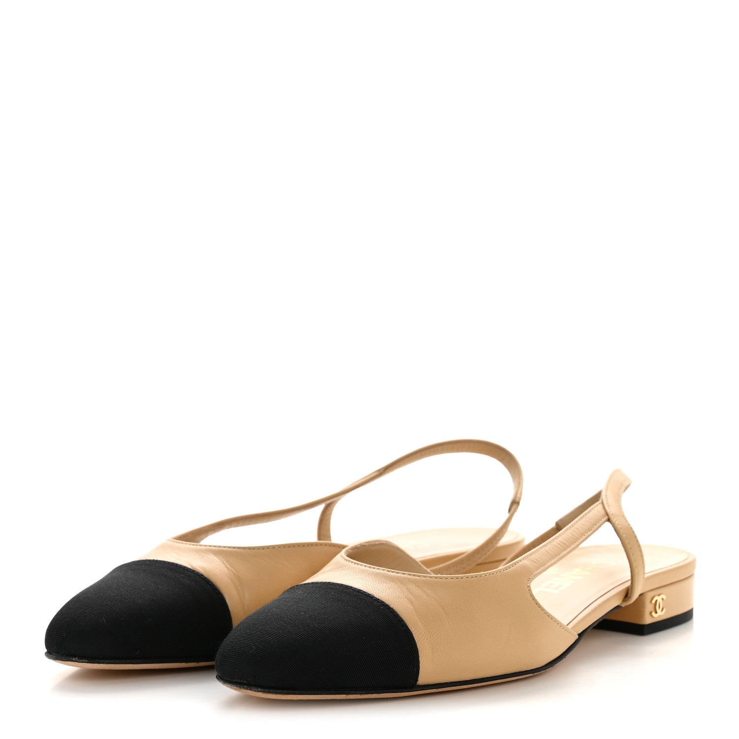 Chanel Goatskin Grosgrain Cap Toe CC Slingback Sandals 36.5 Beige Black 4 of 11