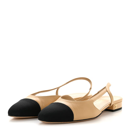 Chanel Goatskin Grosgrain Cap Toe CC Slingback Sandals 36.5 Beige Black 4 of 11