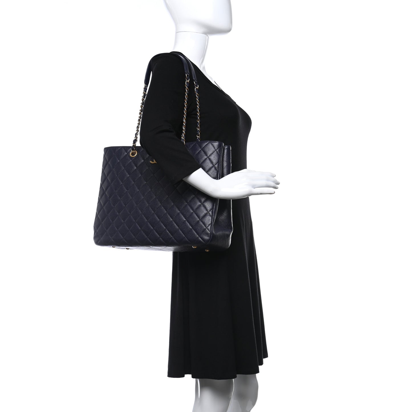 Caviar Quilted Large CC Shopping Tote Navy