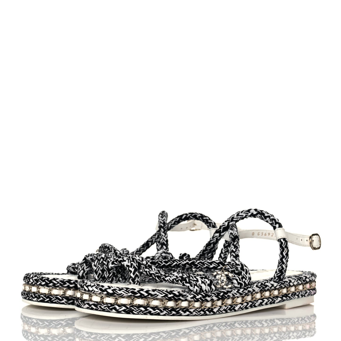 Lambskin Cord Chain CC Sandals 40 Navy White