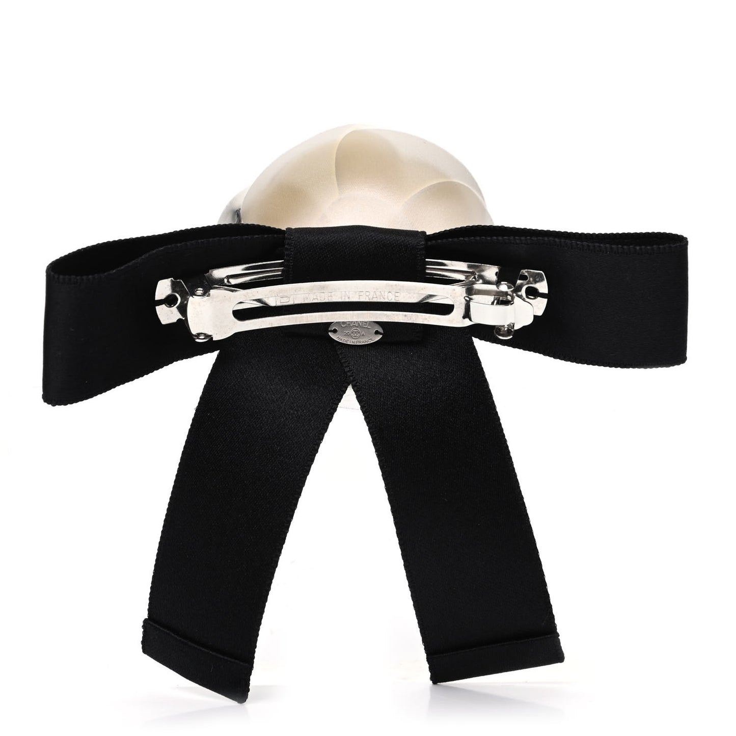 Satin Camellia CC Hair Clip Barrette White Black
